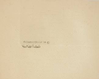 Lower left title, date and signature detail  of framed etching by Richard E. Bishop, dated '34, titled, "Rice Field Pintails"