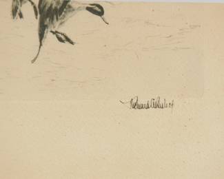 Signature at bottom right of framed etching by Richard E. Bishop, dated '34, titled, "Rice Field Pintails"