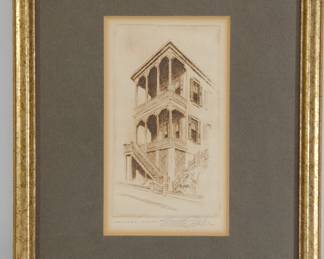 Framed print of Natchez House drawing with title and artist signature.