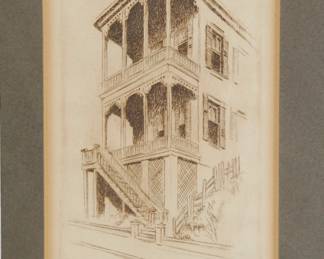 Detail of Framed print of Natchez House drawing with title and artist signature, with mat and frame removed.