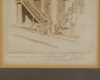 Signature and titled detail ofFramed print of Natchez House drawing with title and artist signature, with mat and frame removed.