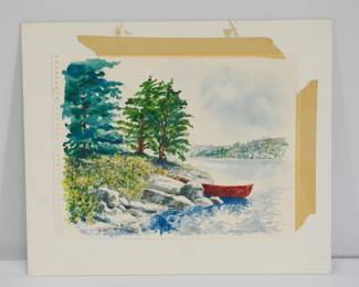 Watercolor of a landscape, trees and a red canoe on a lake, signed at the lower left, Craig Macintosh, 1973