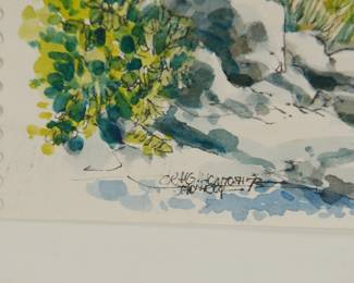 Signature detail at lower left reading Craig Macintosh, 1973, Watercolor of a landscape, trees and a red canoe on a lake.