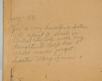 Back detail of framed print of a drawing of a street in Central City, CO, reads, "July  -58, - For a very unselfish sister. who spent a whole week in Central City, Colo , with my daughter to help her. I shall never forget, Sister Mary Linari."