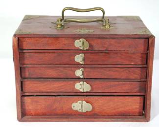 Detail of STUNNING antique Mahjong set in Wooden 5-Drawer Box with front panel removed to show 5 drawers for game pieces.