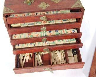 Another detail of STUNNING antique Mahjong set in Wooden 5-Drawer Box with each drawer open to reveal mahjong pieces.