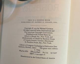 Copyright page of "The Great Train Robbery" by Michael Crichton. A Borzoi book published by Alfred K. Knopf, Inc, copyright 1975