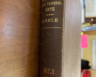Spine detail of "Stagecoach and Taverns Days" by Alice Morse Earle. Published by in New York by The Macmillan Company in 1922. Previously owned by Chicago Public Library, South Shore High School Library.