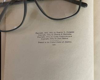 Copyright page of "The Adventures of Tom Sawyer" by Mark Twain. Printed in the United States of America, copyright 1938 by Jane Brehm