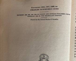 Copyright page of "Outdoor Pastimes of an American Hunter" by Theodore Roosevelt. Published by Charles Scribner's Sons, New York in 1925