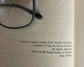 Copyright page of "The Fist in the Wilderness" by David Lavender. Published in 1964, printed in the United States of America. First Edition.