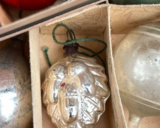 Detail of lovely antique silver glass pinecone Christmas tree ornament.