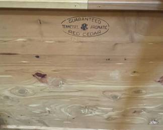 Inside label detail of vintage "Guaranteed Tennessee Aromatic Red Cedar" JRC trunk
