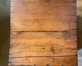 Top view showing nail-heads of almost-square vintage wood storage chest with corners beautifully seamed with a box joint