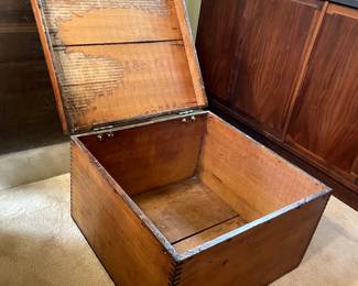 Open view of almost-square vintage wood storage chest with corners beautifully seamed with a box joint