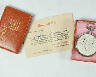 Gruttert, Junghans 1/10 Second Stopwatch, 55mm with box and guarantee, Frankfurt, 1956. Shown in box with guarantee and date.