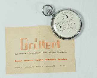 Gruttert, Junghans 1/10 Second Stopwatch, 55mm with box and guarantee, Frankfurt, 1956. Shown with reverse side of guarantee.