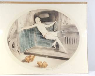 Signed print of "Art Deco woman and dogs in a car" by Louis Icart, c. 1929