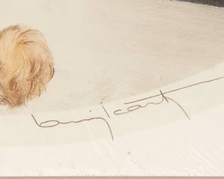 Signature detail at lower right of signed print of "Art Deco woman and dogs in a car" by Louis Icart, c. 1929