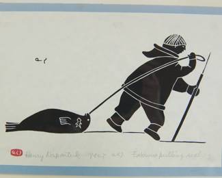 Signed Lithograph titled "Eskimo Pulling A Seal" by Henry Napartuk 