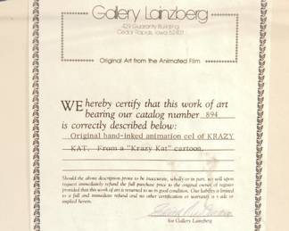 Gallery certification of framed original hand-inked animation cel of Krazy Kat. From a Krazy Kat cartoon. Catalog number 894, Gallery Lainzberg.