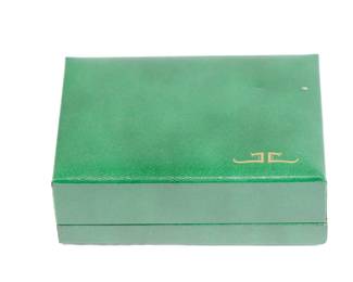 Box detail of Le Coultre Master Mariner gold wrist watch with gold mesh band still in original green velvet display box. Band reads Kestenmade 10K G.F. USA