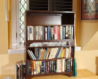 Two 2-shelf wood bookshelves and 2 wood 6-shelf paper organizer shelves