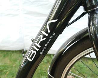 Logo detail of Black Biria Easy Boarding bicycle with luggage rack and bike bag, 46cm, designed in Germany