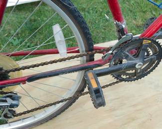 Pedal and chain detail of Red Miranda Schwinn men's bicycle