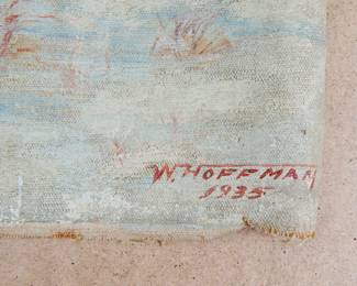 Detail of artist signature and date of signed W. Hoffman, 1935 painting, oil on canvas of a snowy farm scene, canvas only (not stretched on a frame)