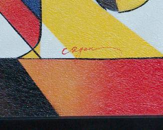 Signature detail at lower right of signed C. Ryan, "The Pianist" abstract oil on canvas painting