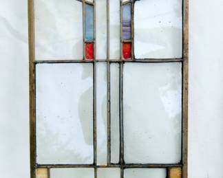View of the second Prairie School style stained glass window panel: clear glass with amber, blue, and red details, each panel measuring 10 3/8" wide x 20 3/8" high