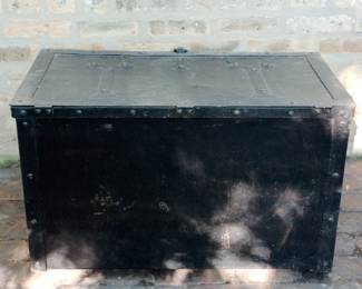 Back view of antique Arts & Crafts metal firewood box