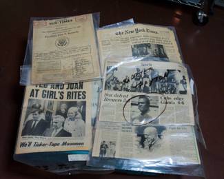 Just a small sample of an extensive collection of notable historic newspapers: Chicago Sun Times, Vol 17 No. 205, September 28, 1964,  "Report of the President's Commission on the Assassination of President John F. Kennedy" and New York Times, July 3, 1964, "Johnson Bids Congress Enact on Civil Rights Bill with Speed: Asks End of Hate and Violence" and Chicago Tribune, Sports section, July 12, 1975, Walter Payton photograph and more!