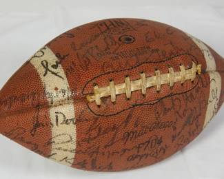Football signed by the Chicago Bears team, late 1960’s, probably 1969. Signed by Bobby Joe Green, Mac Percival, Mike Pyle, Frank Cornish, Jack Concannon, Dick Evey, Ralph Kurek, Dick Butkiss, and possibly Gale Sayers