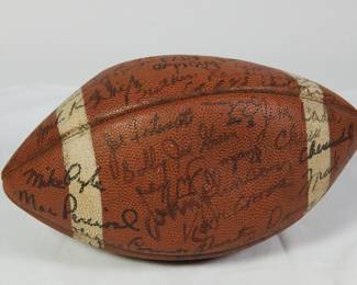 Other side view of football signed by the Chicago Bears team, late 1960’s, probably 1969. Signed by Bobby Joe Green, Mac Percival, Mike Pyle, Frank Cornish, Jack Concannon, Dick Evey, Ralph Kurek, Dick Butkiss, and possibly Gale Sayers