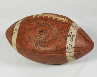Bottom view of Football signed by the Chicago Bears team, late 1960’s, probably 1969. Signed by Bobby Joe Green, Mac Percival, Mike Pyle, Frank Cornish, Jack Concannon, Dick Evey, Ralph Kurek, Dick Butkiss, and possibly Gale Sayers