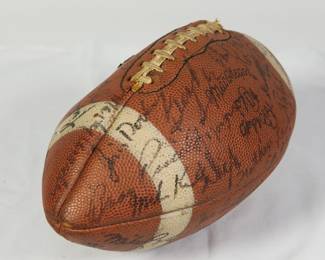 View of one nose of football signed by the Chicago Bears team, late 1960’s, probably 1969. Signed by Bobby Joe Green, Mac Percival, Mike Pyle, Frank Cornish, Jack Concannon, Dick Evey, Ralph Kurek, Dick Butkiss, and possibly Gale Sayers