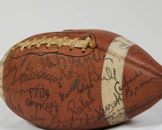 View of the other nose of Football signed by the Chicago Bears team, late 1960’s, probably 1969. Signed by Bobby Joe Green, Mac Percival, Mike Pyle, Frank Cornish, Jack Concannon, Dick Evey, Ralph Kurek, Dick Butkiss, and possibly Gale Sayers