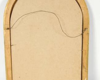 Back view of c. 1920s vintage picture frame green with gold trim and small flower details, rounded top