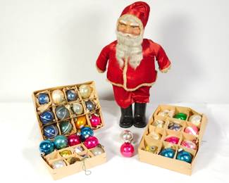 Charming Christmas tree ornament collection and 1920s or 1930s Santa Figurine, giving side-eye