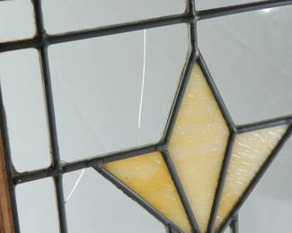 Detail of small crack in first wood framed tulip window, measuring 13" wide x 18" high