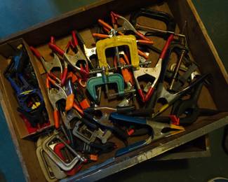 Drawer full woodworking tools: A-clamps and C-clamps