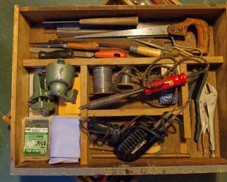 Drawer full woodworking tools: saws, files, a lathe, soldering iron, solder, wire brushes, and a clamp wrench