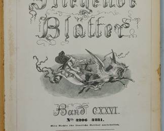 Cover page of "Fliegende Blätter" (Flying Leaves) Band CXXVI (126) ro. 3206-3231. Alle Rechte für fümtliche Artikel narbehalten. München, Verlag von Brann & Schneider (All rights for five articles are held by Brann & Schneider). "Flying Leaves" was a German weekly humor and satire magazine appearing between 1845 and 1944 in Munich. 