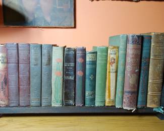 Wonderful collection of books, including "The Old French War", "History of the United States" Volume IV & VI, "Grimms Fairy Tales", "Arabian Nights", "Little Men", "Following the Guidon",  "Henry Todd Pirate", "Angel Sweet Heart of Mine", "Plutarch for Boys and Girls", and more