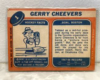 Facts side of hockey card from 1969-1970: Gerry Cheevers, Boston Goal