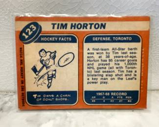 Facts side of hockey card from 1969-1970:  Tim Horton, Toronto Defense