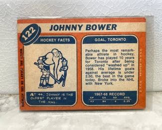 Facts side of hockey card from 1969-1970: Johnny Bower, Toronto Goal