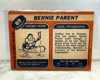 Facts side of hockey card from 1969-1970: Bernie Parent, Philadelphia Goal